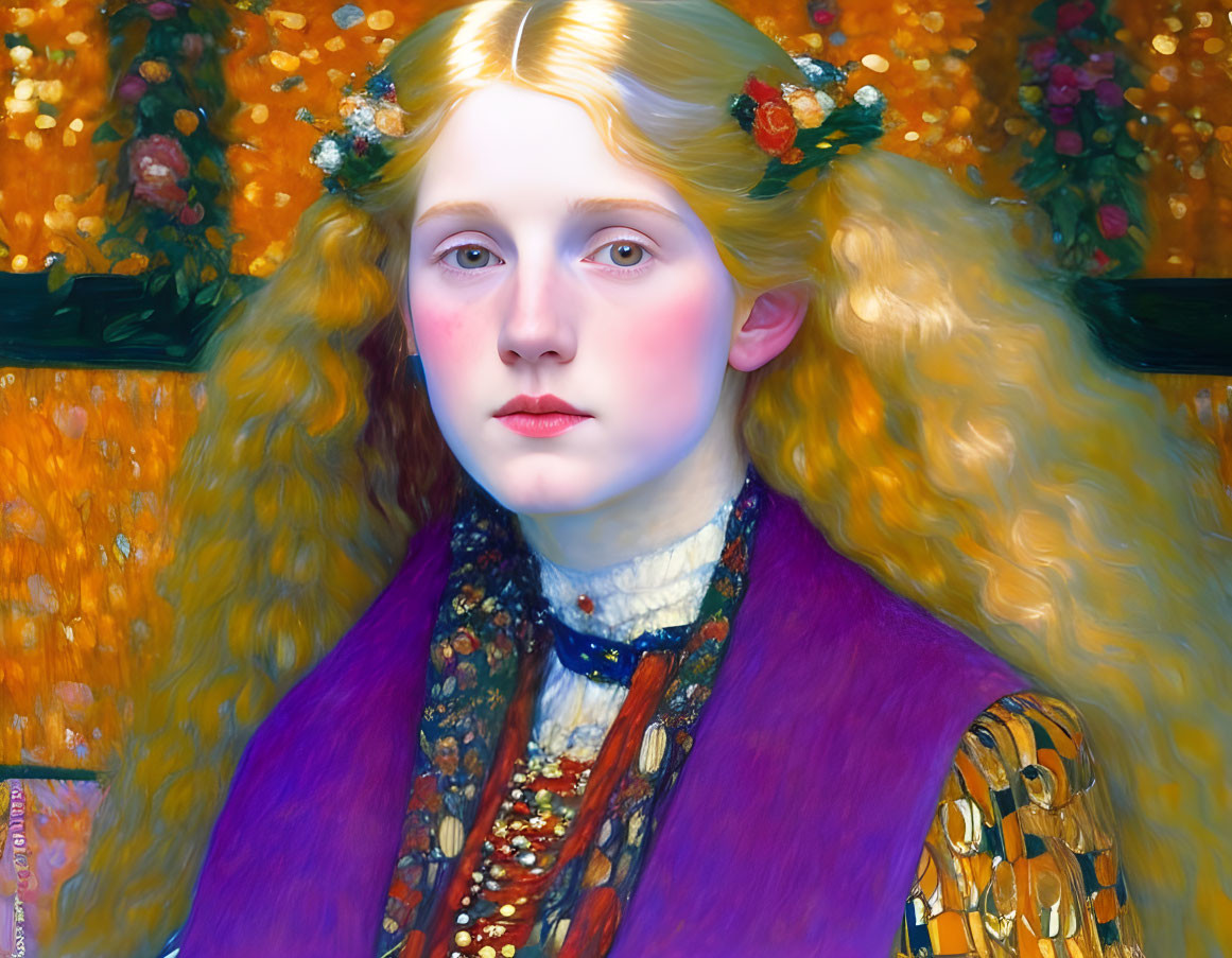 Portrait of young woman with blonde hair in purple garment on gold floral backdrop