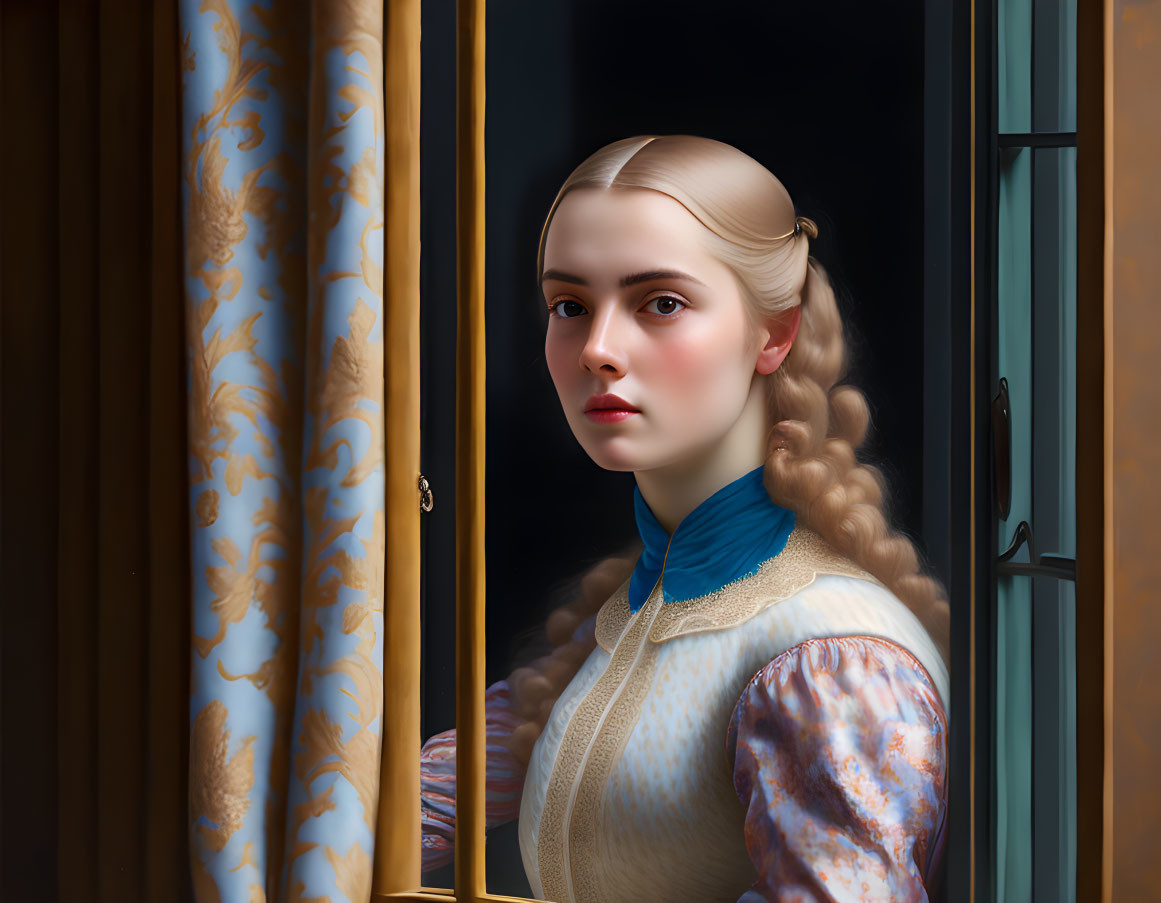 Portrait of young woman with braided hair in vintage blouse by window