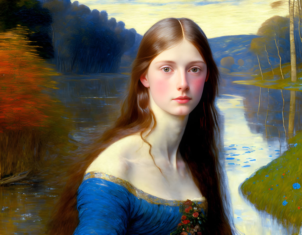 Portrait of a young woman in blue dress in autumnal landscape