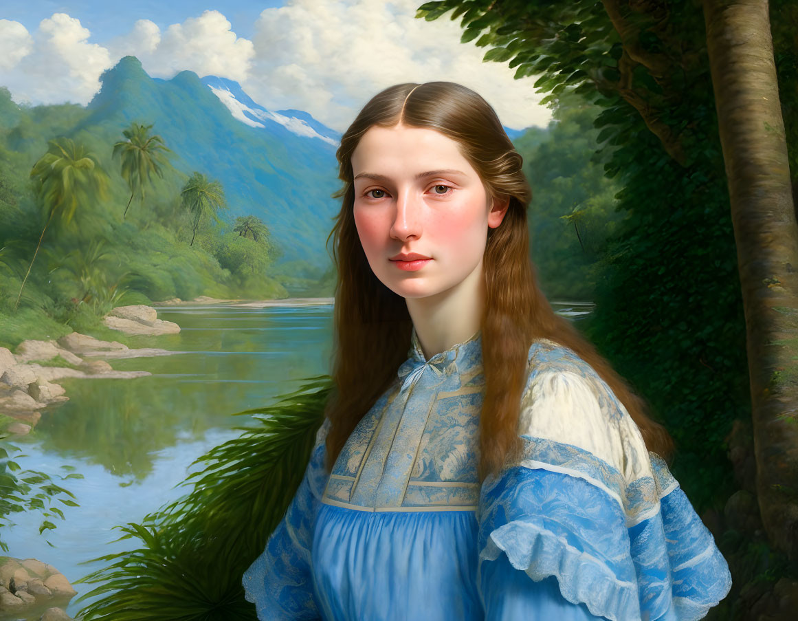 Classic Portrait of Young Woman with Brown Hair in Serene Nature Setting