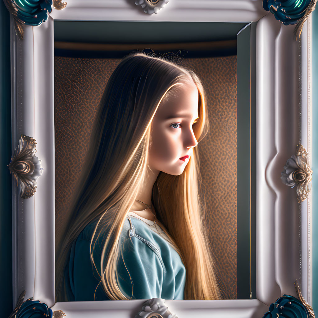 Blonde Girl in Baroque Picture Frame under Soft Lighting