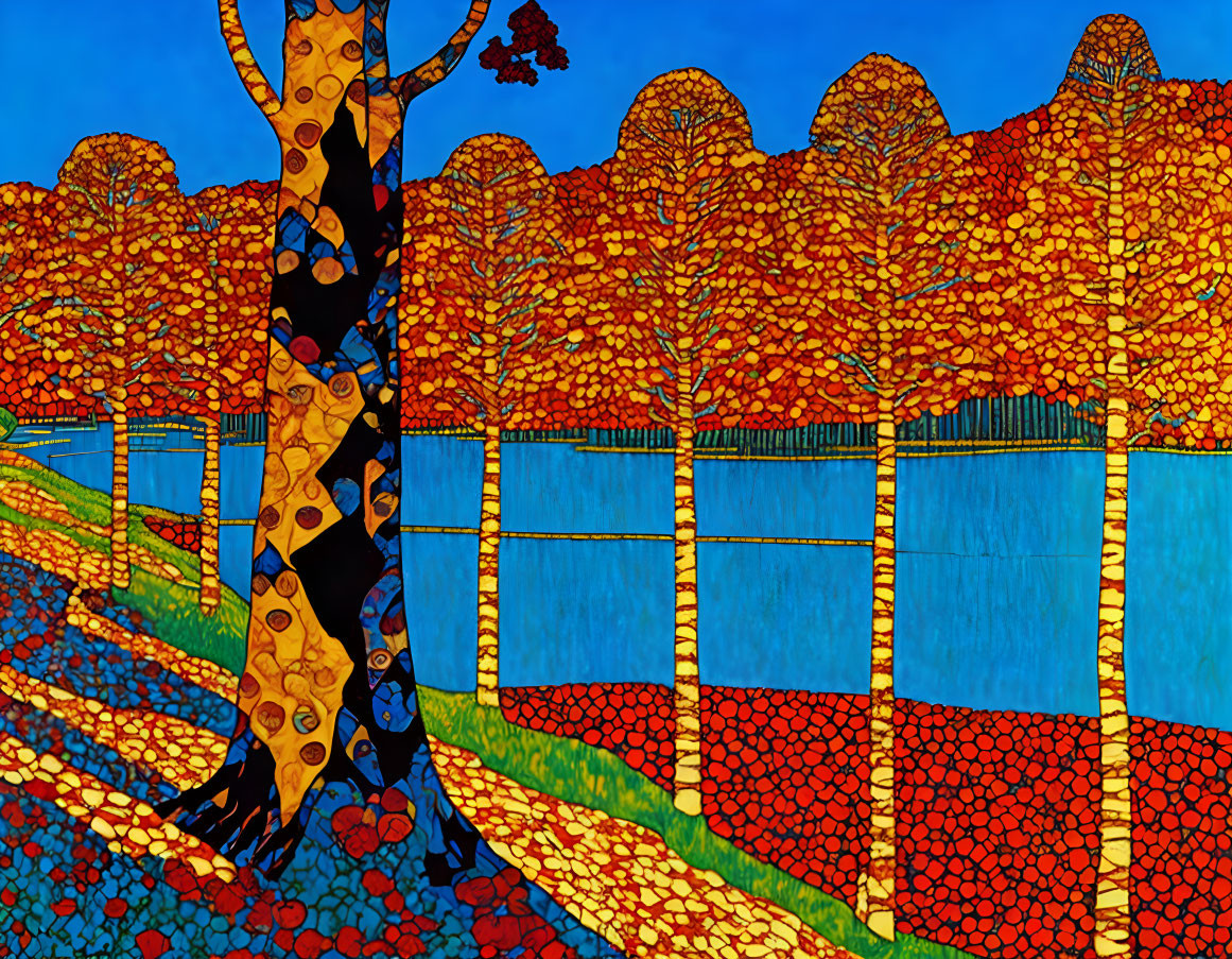 Colorful autumn landscape with mosaic trees, blue river, and patterned bushes