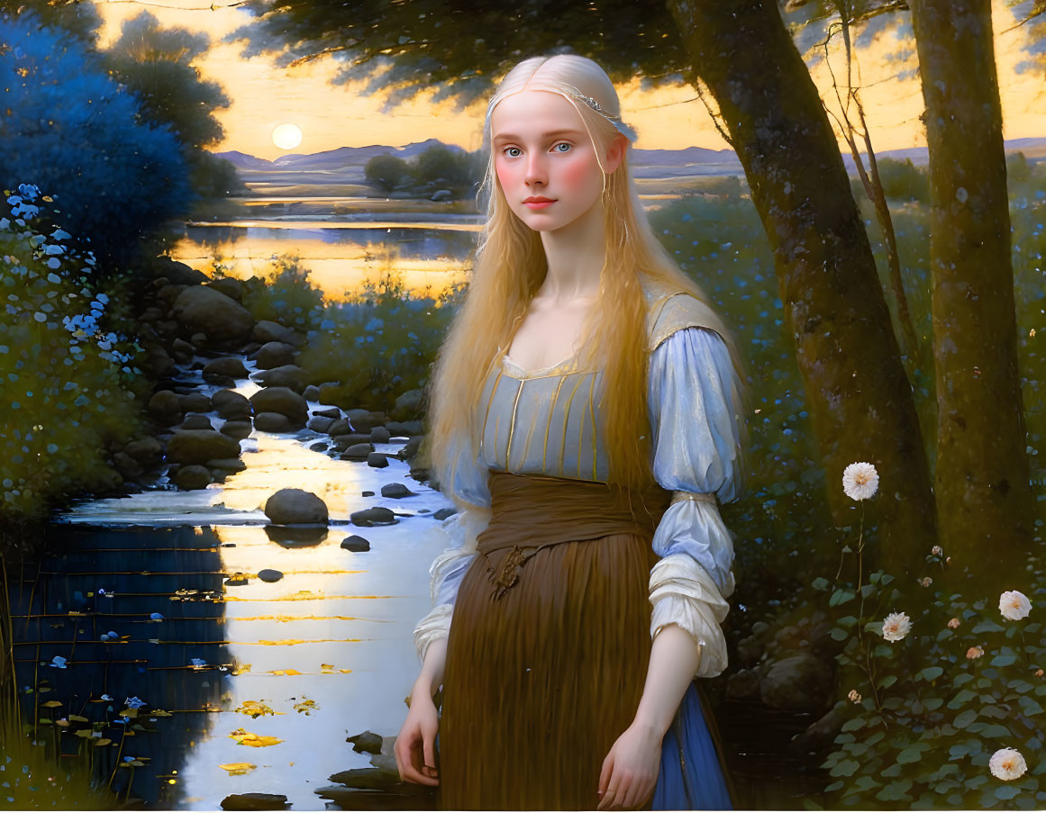 Blonde Woman with Elven Features by Stream at Sunset