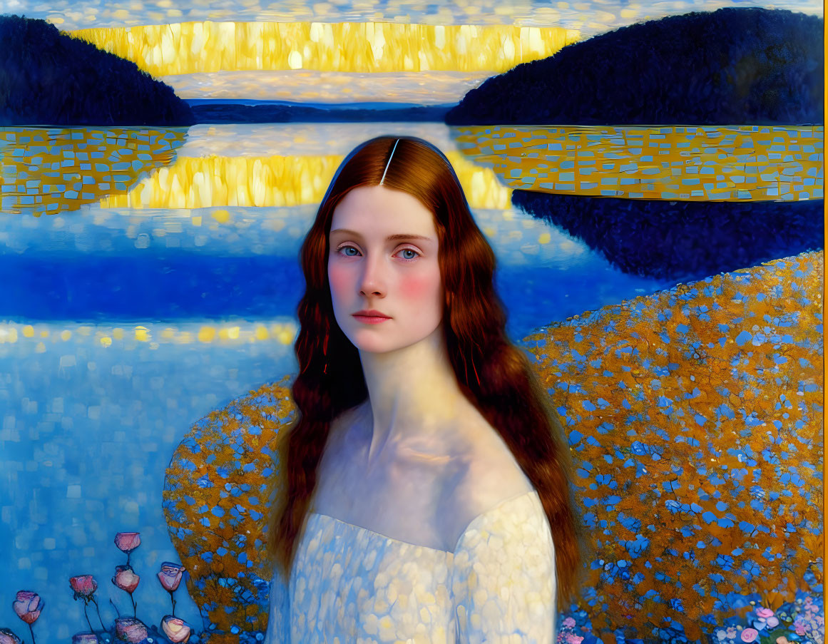 Red-haired woman portrait in blue and gold landscape with floral elements