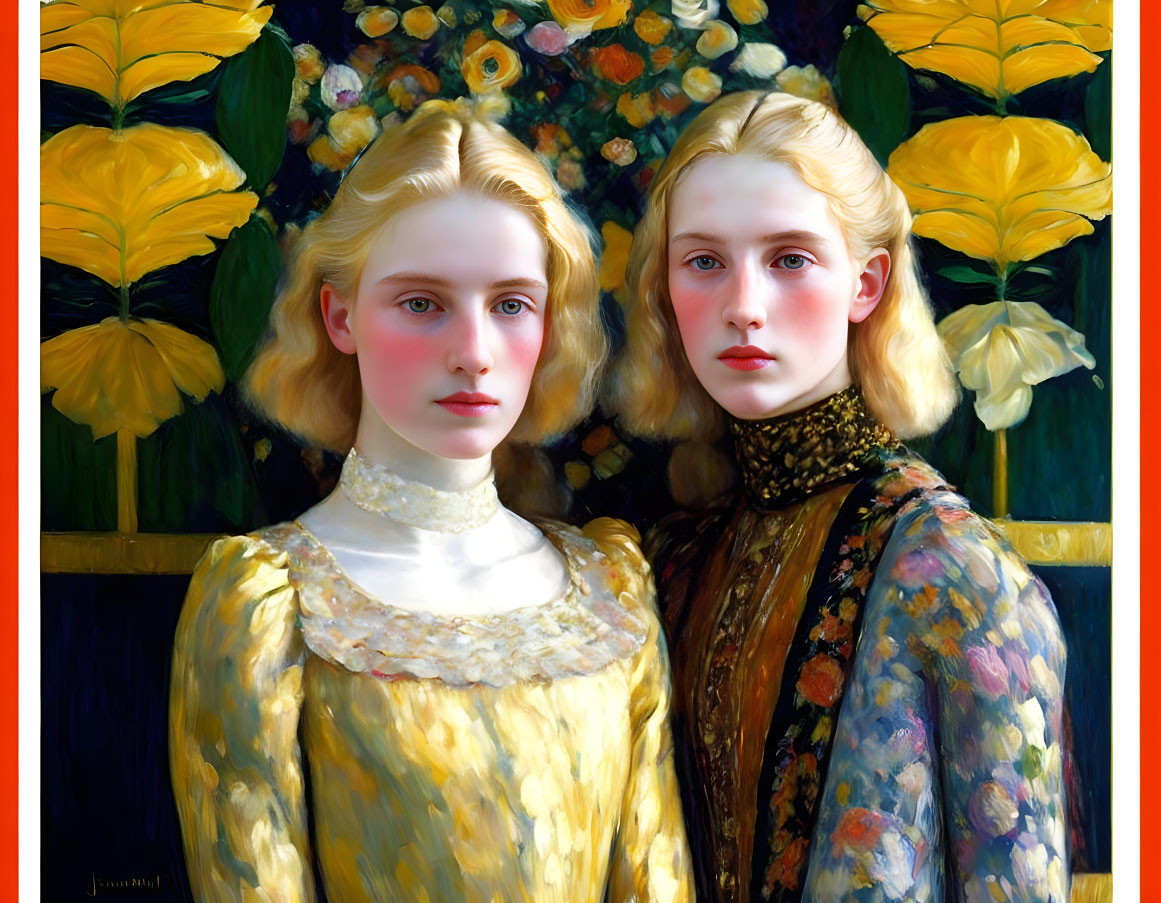 Golden-haired individuals in yellow floral attire surrounded by yellow blooms and greenery.