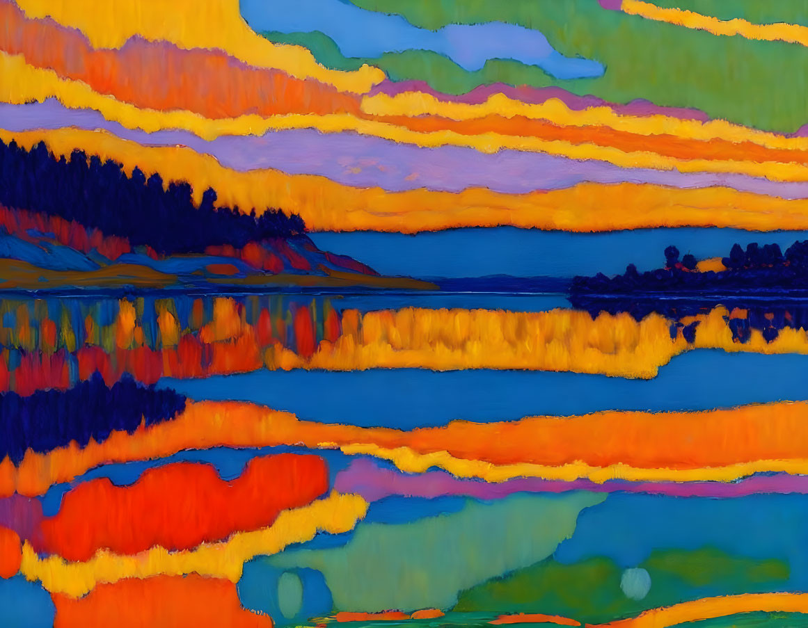 Abstract landscape with vibrant orange, yellow, and blue hues reflected in water