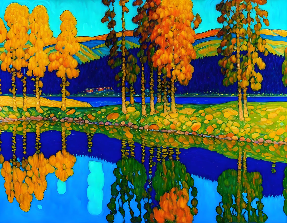 Golden Trees Painting: Shore Reflections & Rolling Hills Scenery