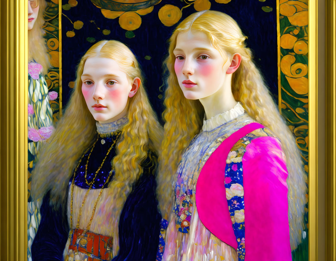 Two fair-haired women in ornate clothing near a mirror