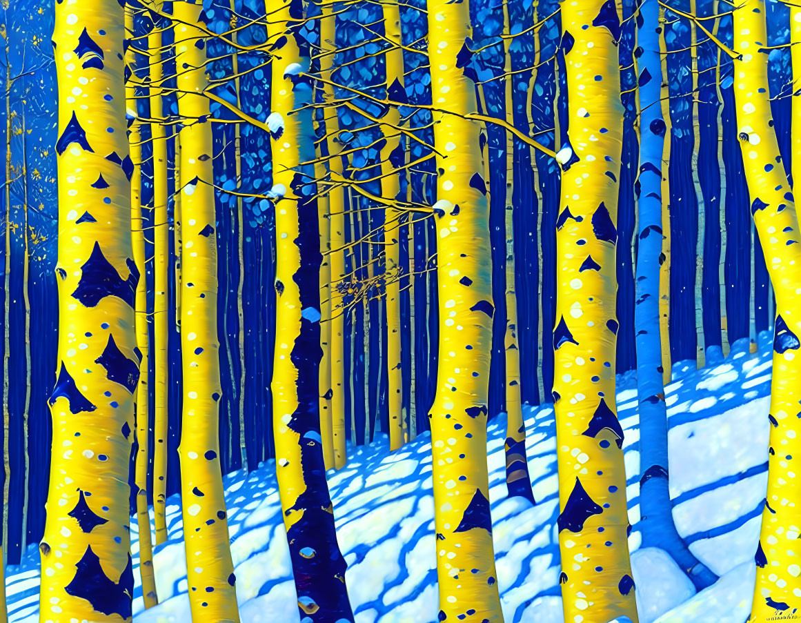 Yellow-barked Trees with Black Knots in Snowy Forest Scene