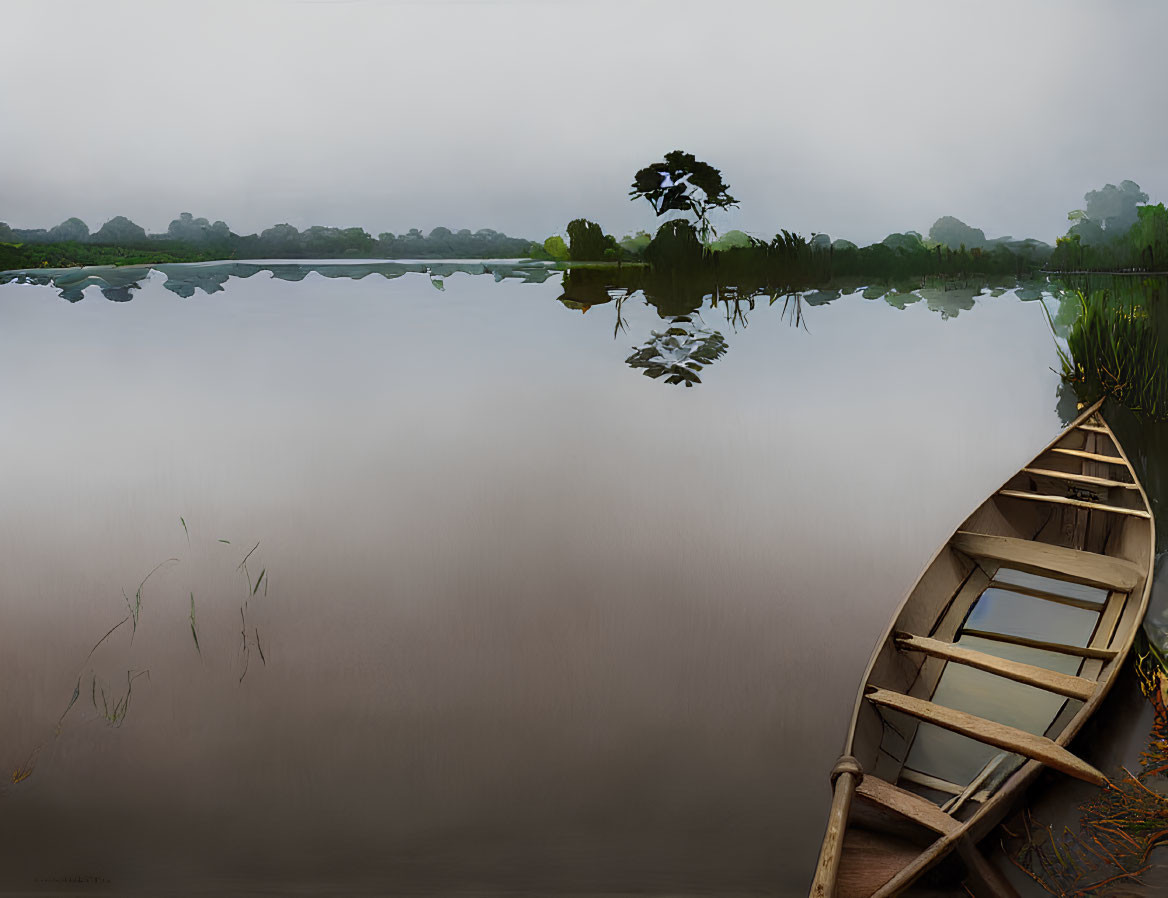 Tranquil Lake Scene with Wooden Canoe and Reflections