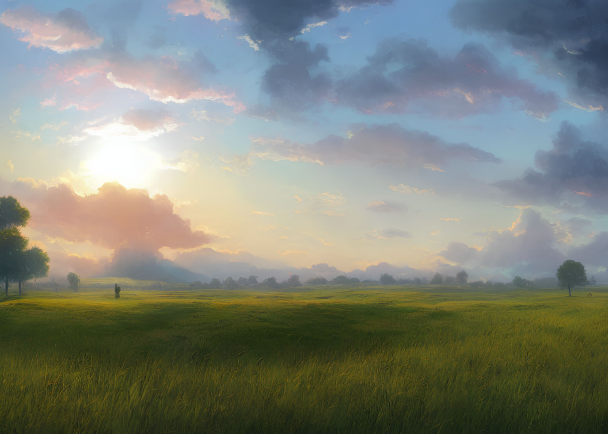 Tranquil sunrise over lush green field with lone figure