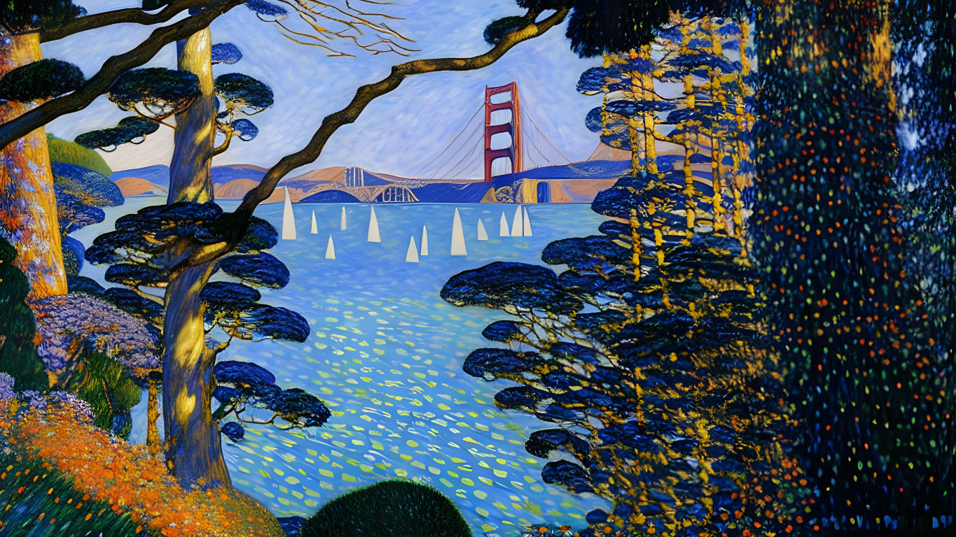 Vibrant sunset painting of Golden Gate Bridge with sailboats and pine trees