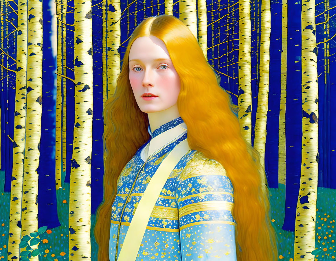 Stylized portrait of woman with long hair in blue-patterned clothing against birch forest