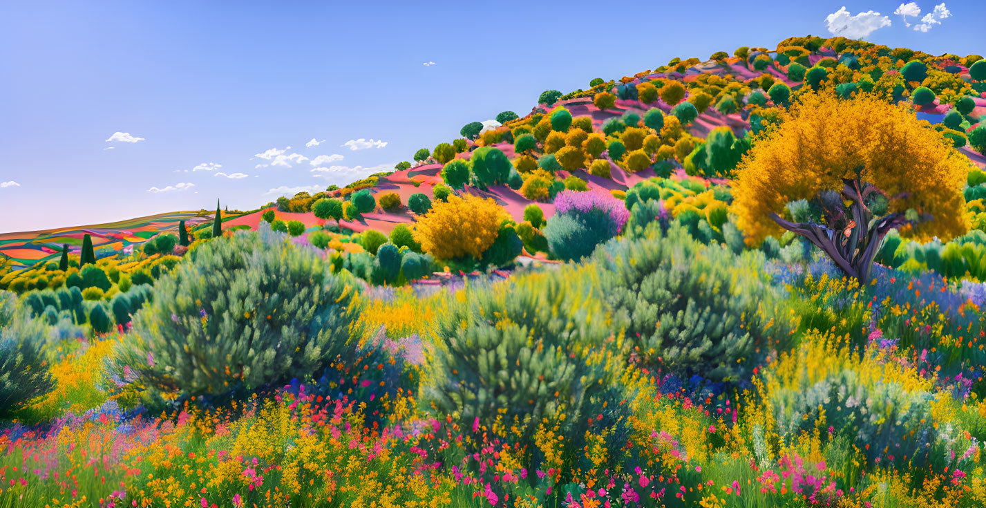 Colorful Flora and Undulating Hills in Serene Landscape