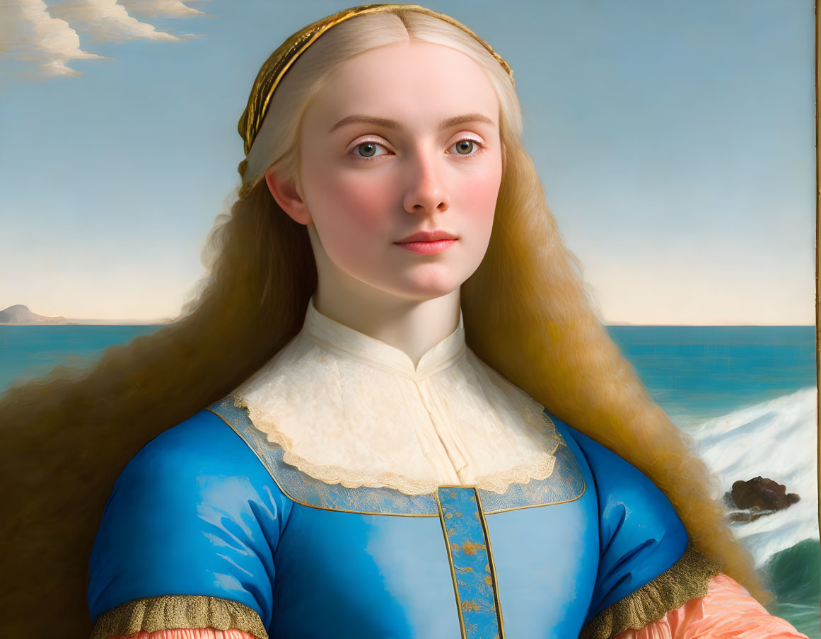 Portrait of young woman in blue dress with blonde hair against seascape