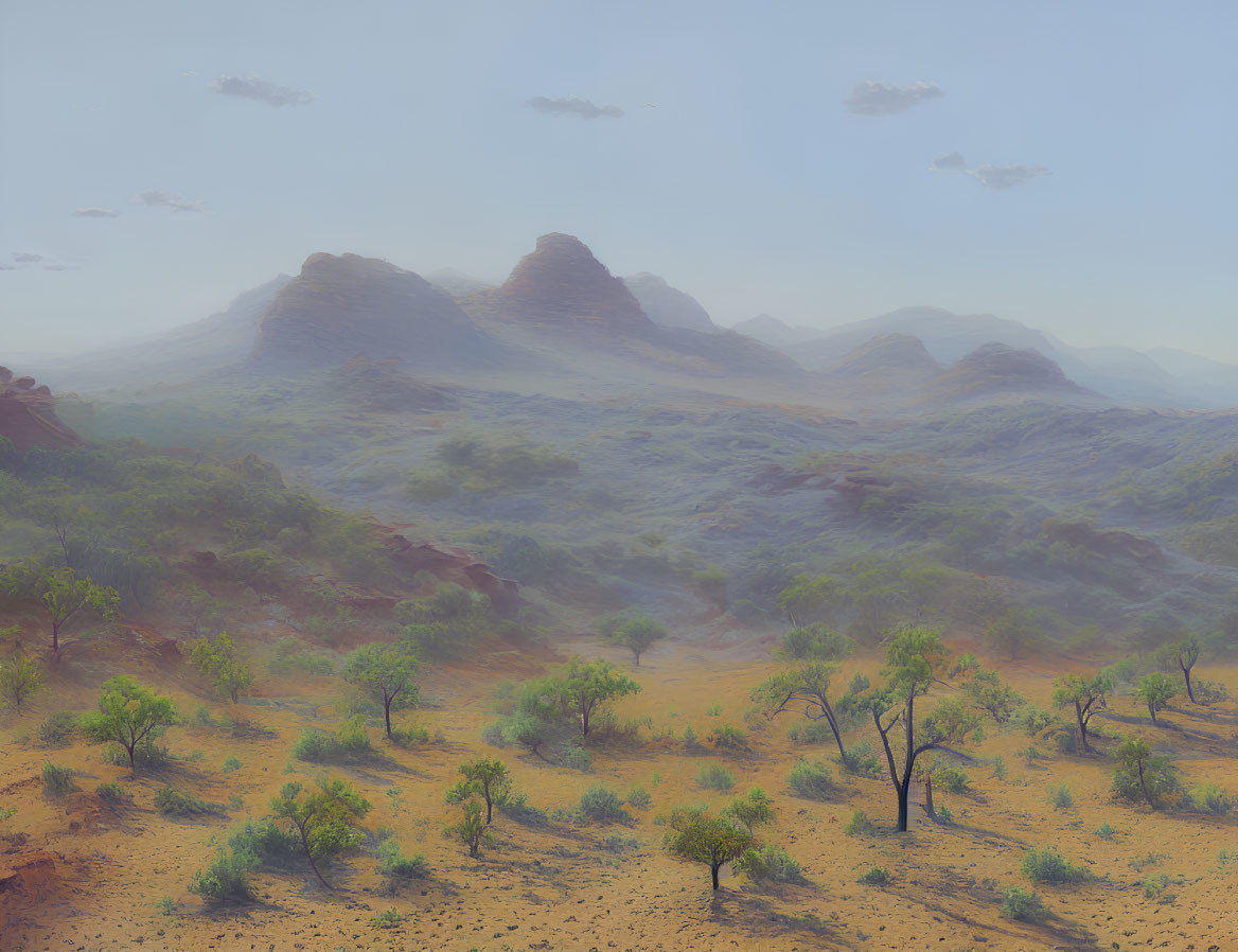 Sparse Vegetation and Rolling Hills in Serene Desert Landscape