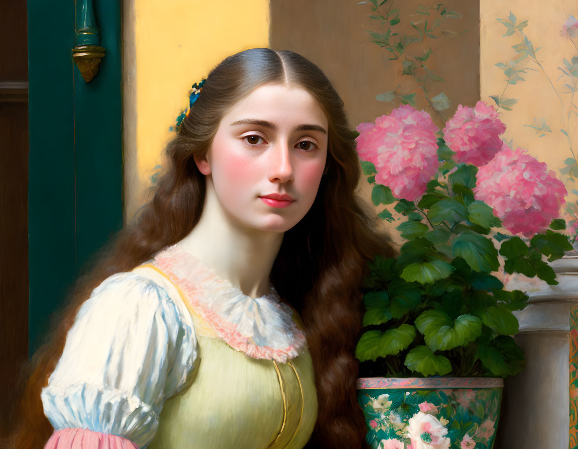 Young woman portrait with flowing hair and pink flowers in pot, floral wall and door.