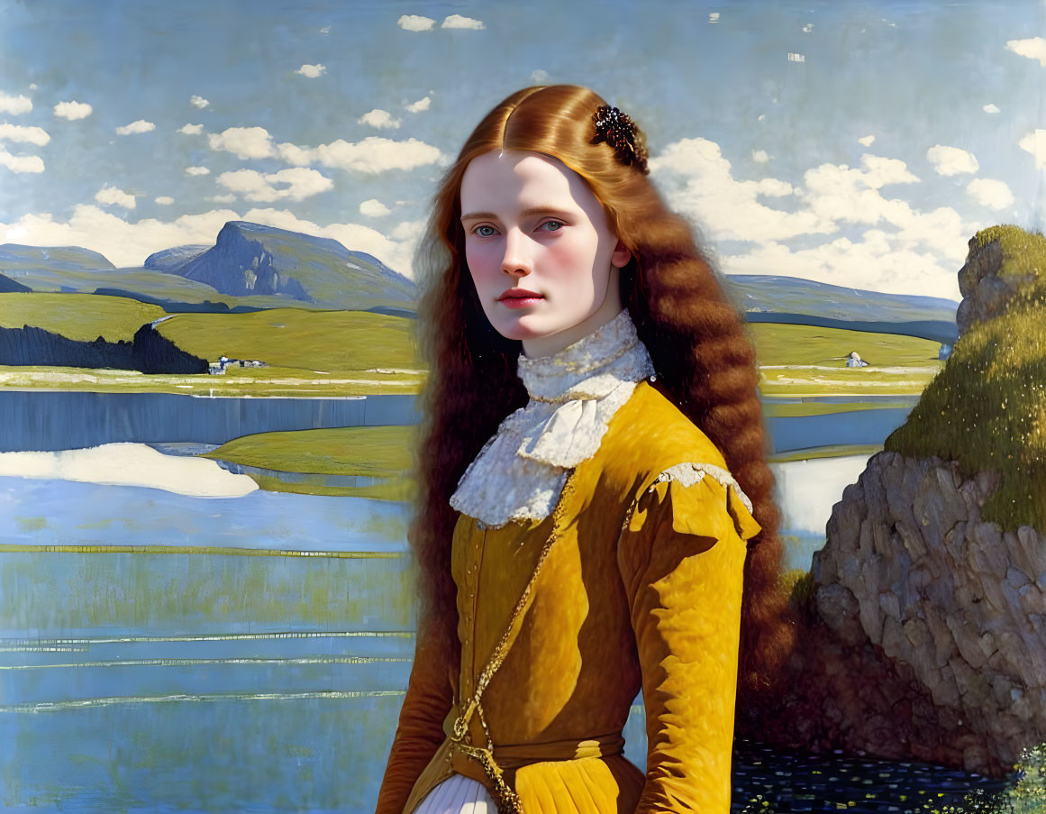 Portrait of woman with long red hair in yellow dress against serene lake and blue skies