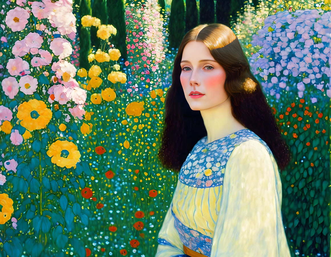 Woman with long brown hair in yellow and blue dress among colorful flowers