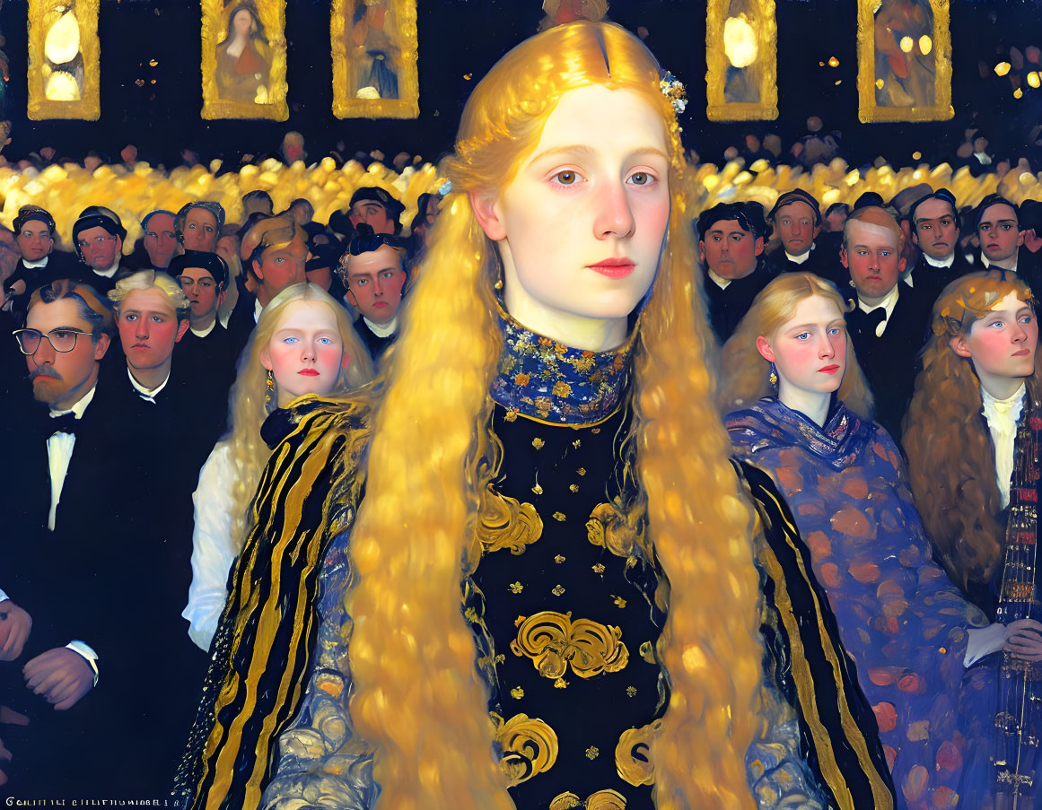 Detailed painting of pale woman in gold gown with crowd.