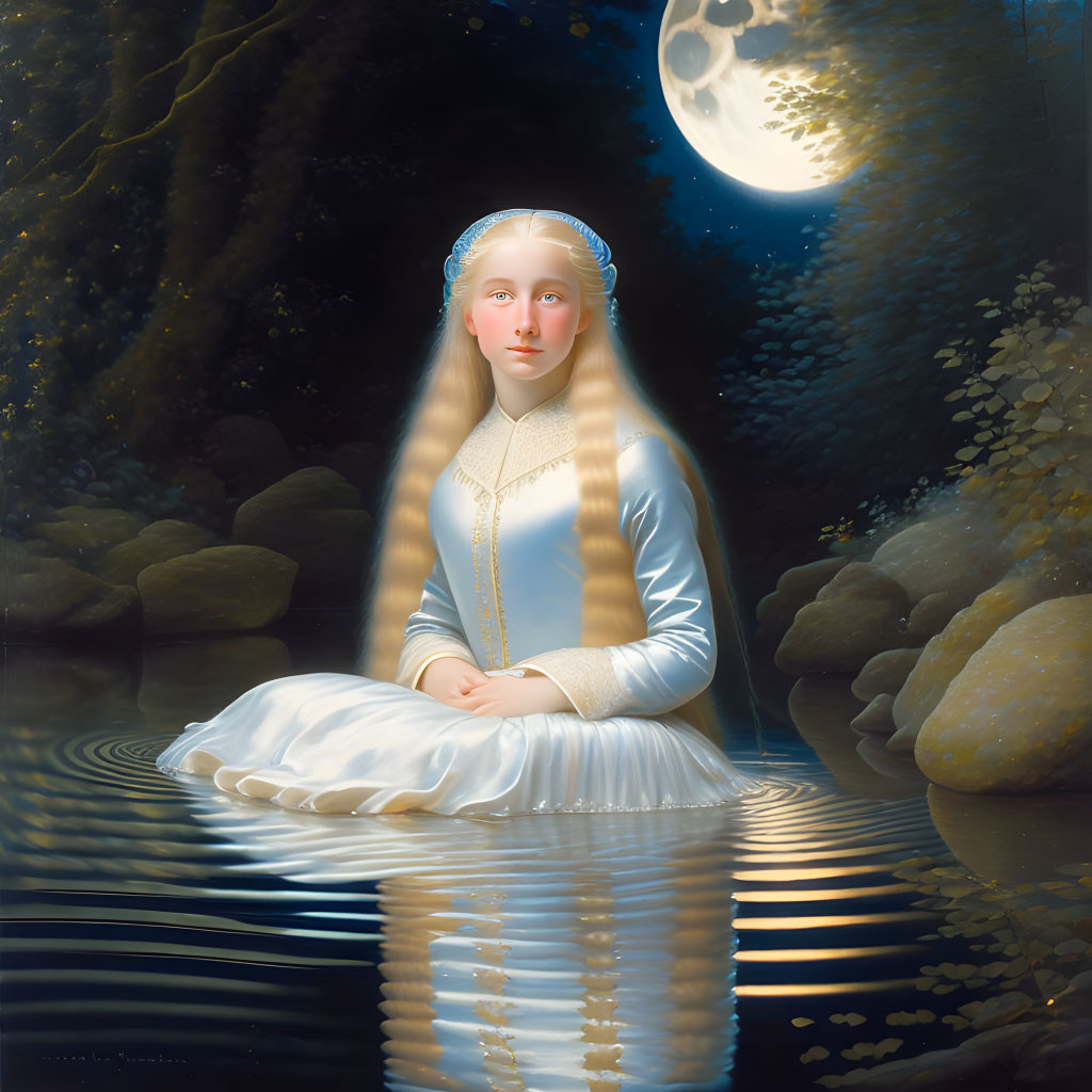 Moonlit Pond Scene: Young Girl Reflecting in Water