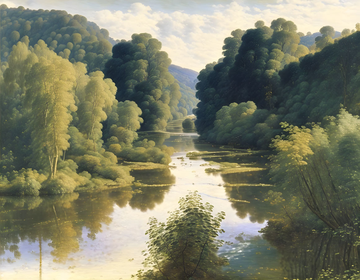 Tranquil river painting in lush forest landscape