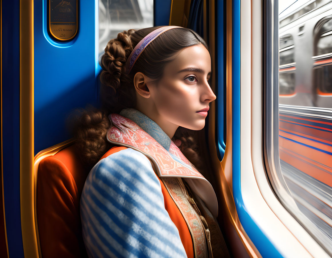 Woman with braided hair gazing out train window as another train passes by