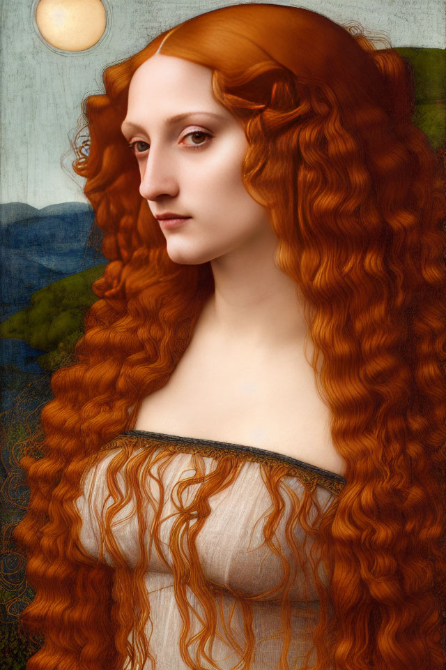 Portrait of a woman with flowing red hair in renaissance-style dress