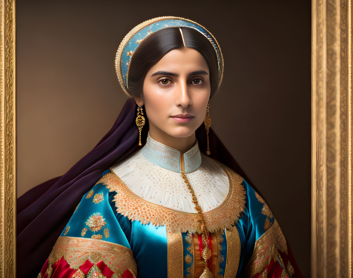 Traditional Attire Portrait: Woman in Blue Dress with Elaborate Headwear