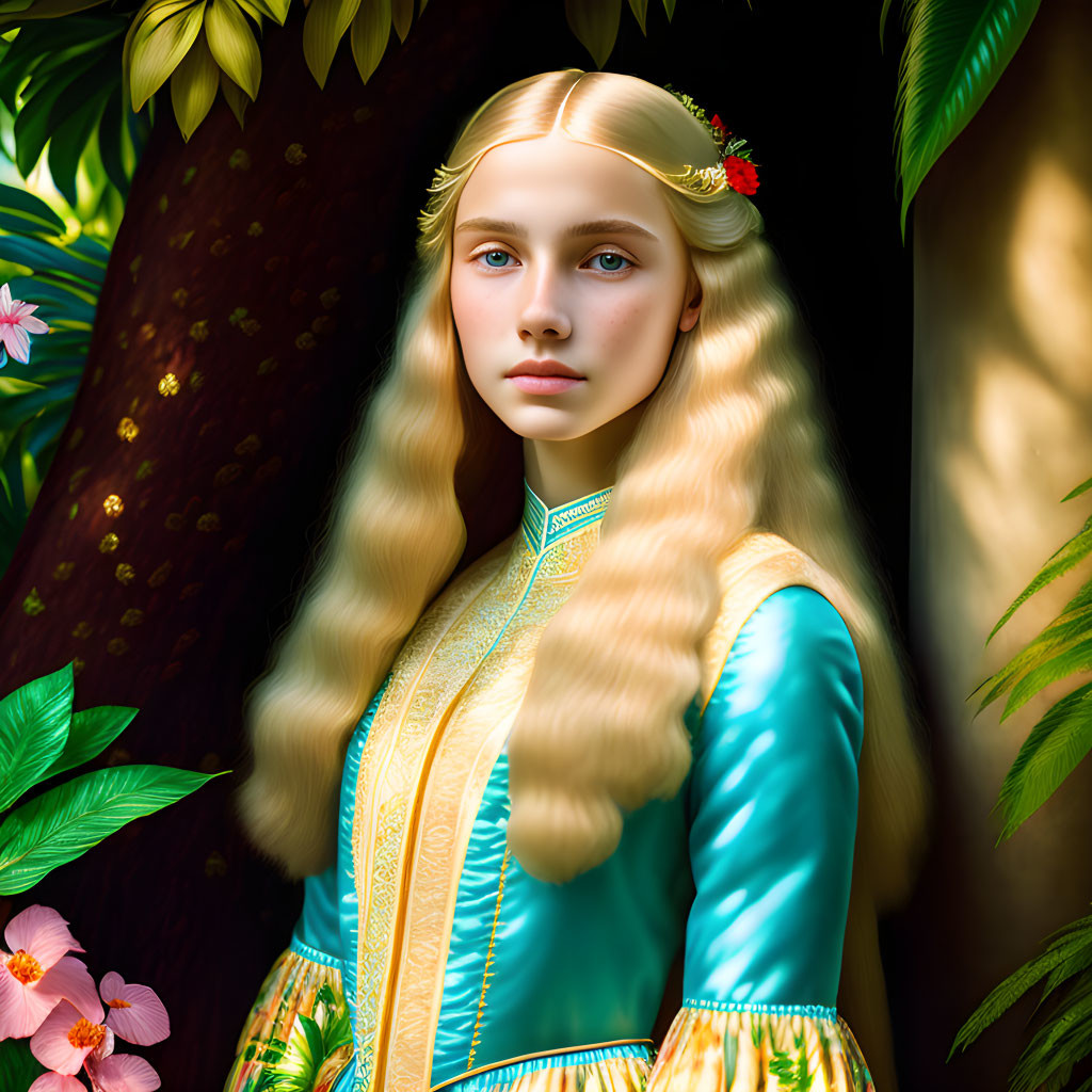 Blonde Woman in Blue Dress Surrounded by Nature