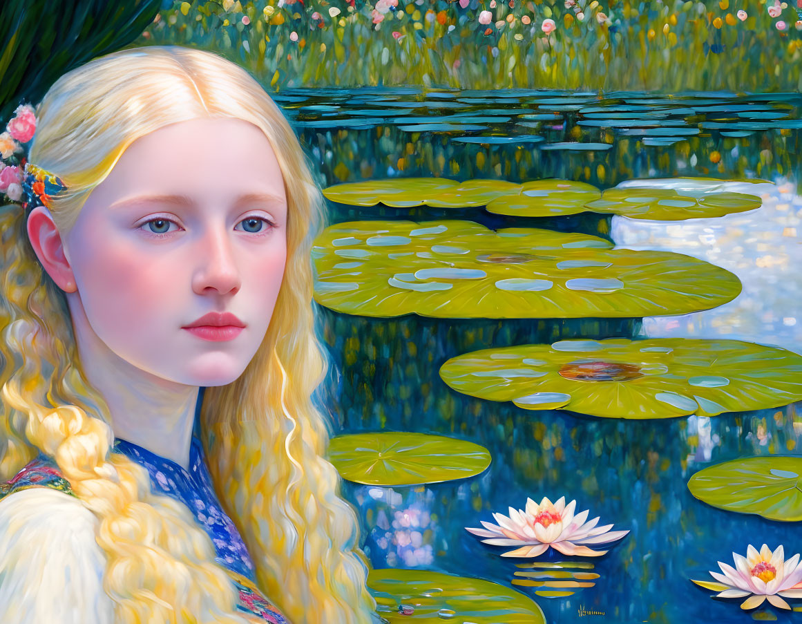 Blonde Girl with Flowered Hair and Water Lilies Background