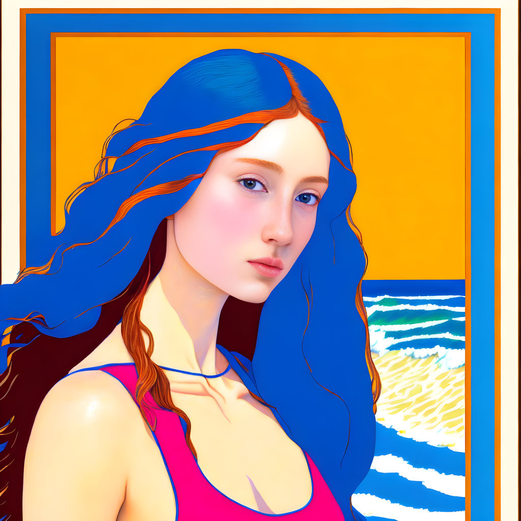 Stylized digital artwork: Woman with blue hair on geometric sea-sun background