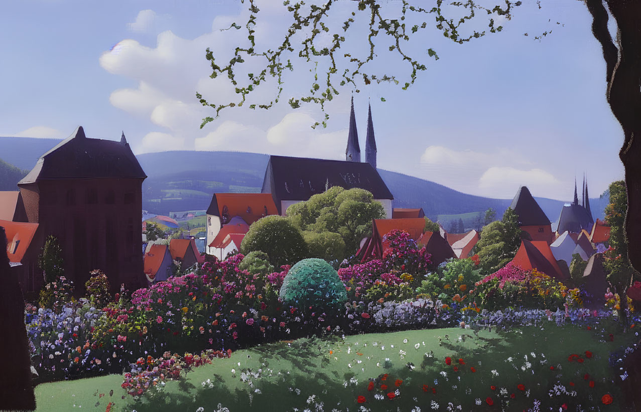 Colorful Village Scene with Blooming Flowers and Church Spires