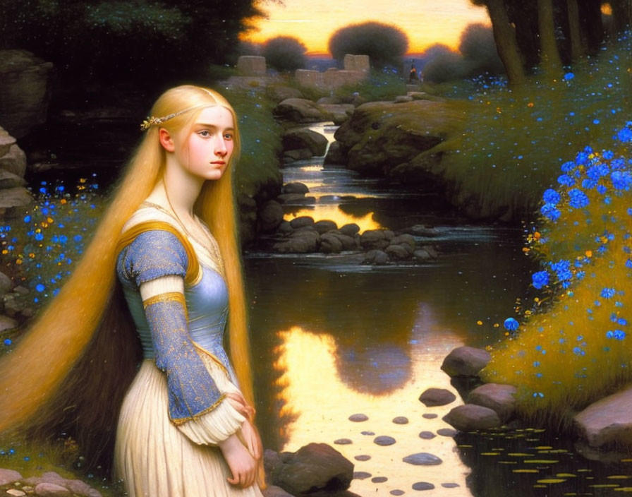 Blonde woman in medieval dress by serene river at sunset