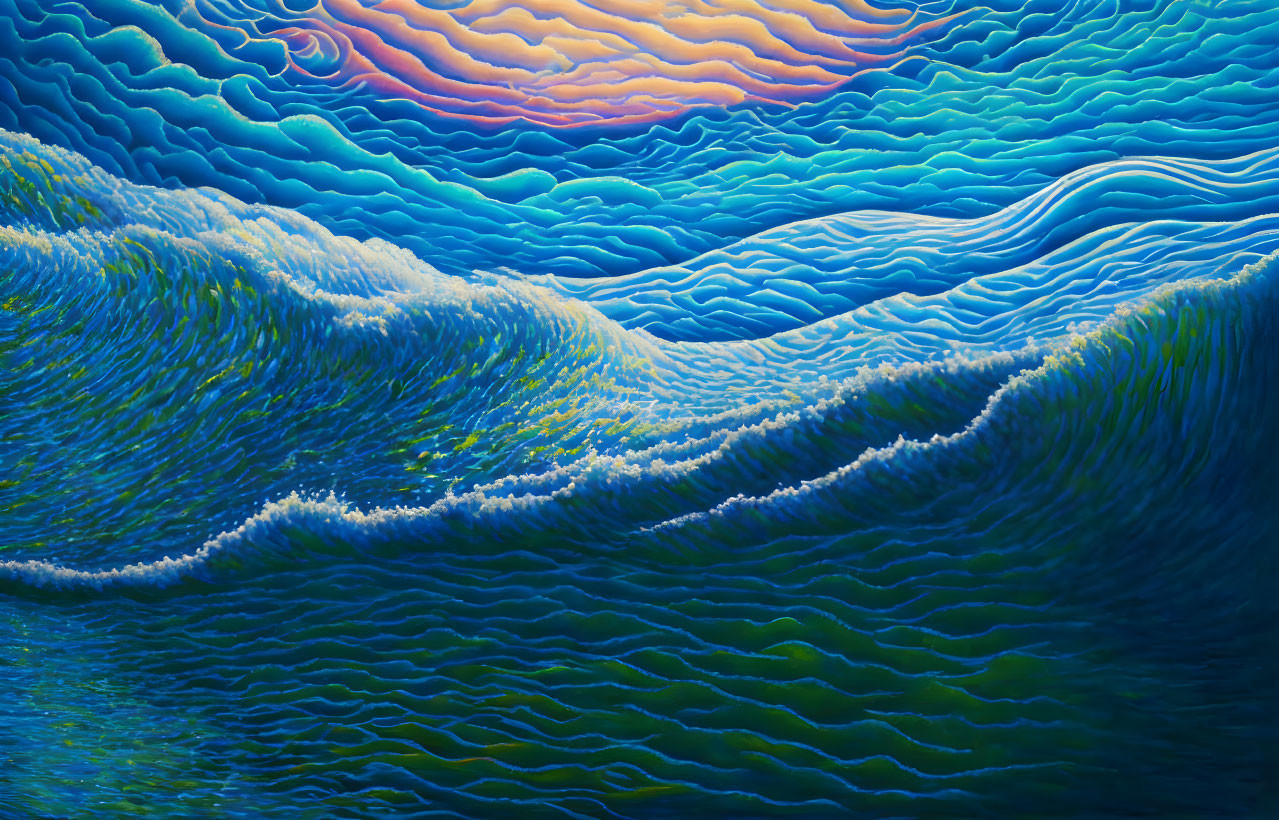 Vivid blue and orange wave painting with dynamic texture