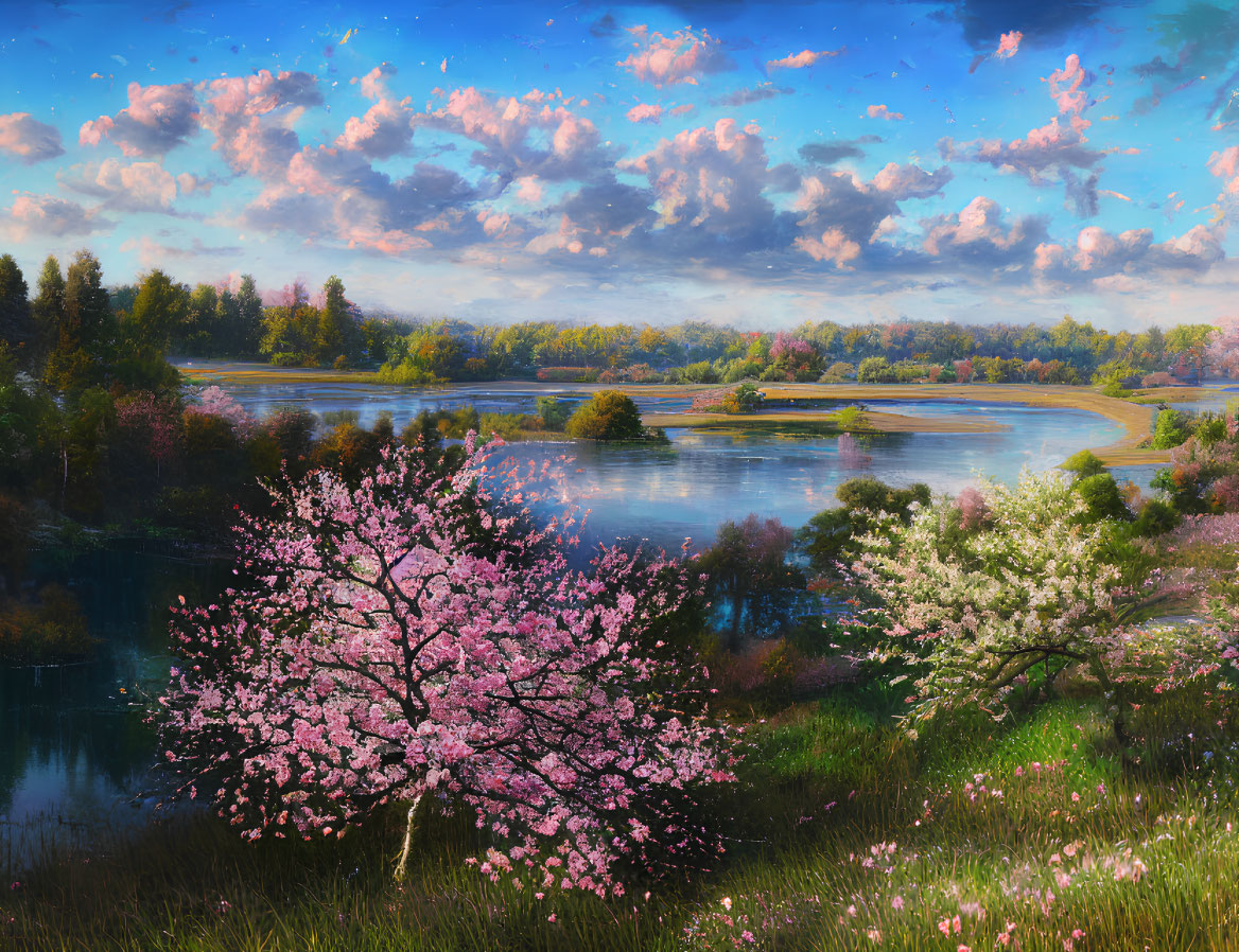 Scenic landscape with blooming cherry trees and river at sunset