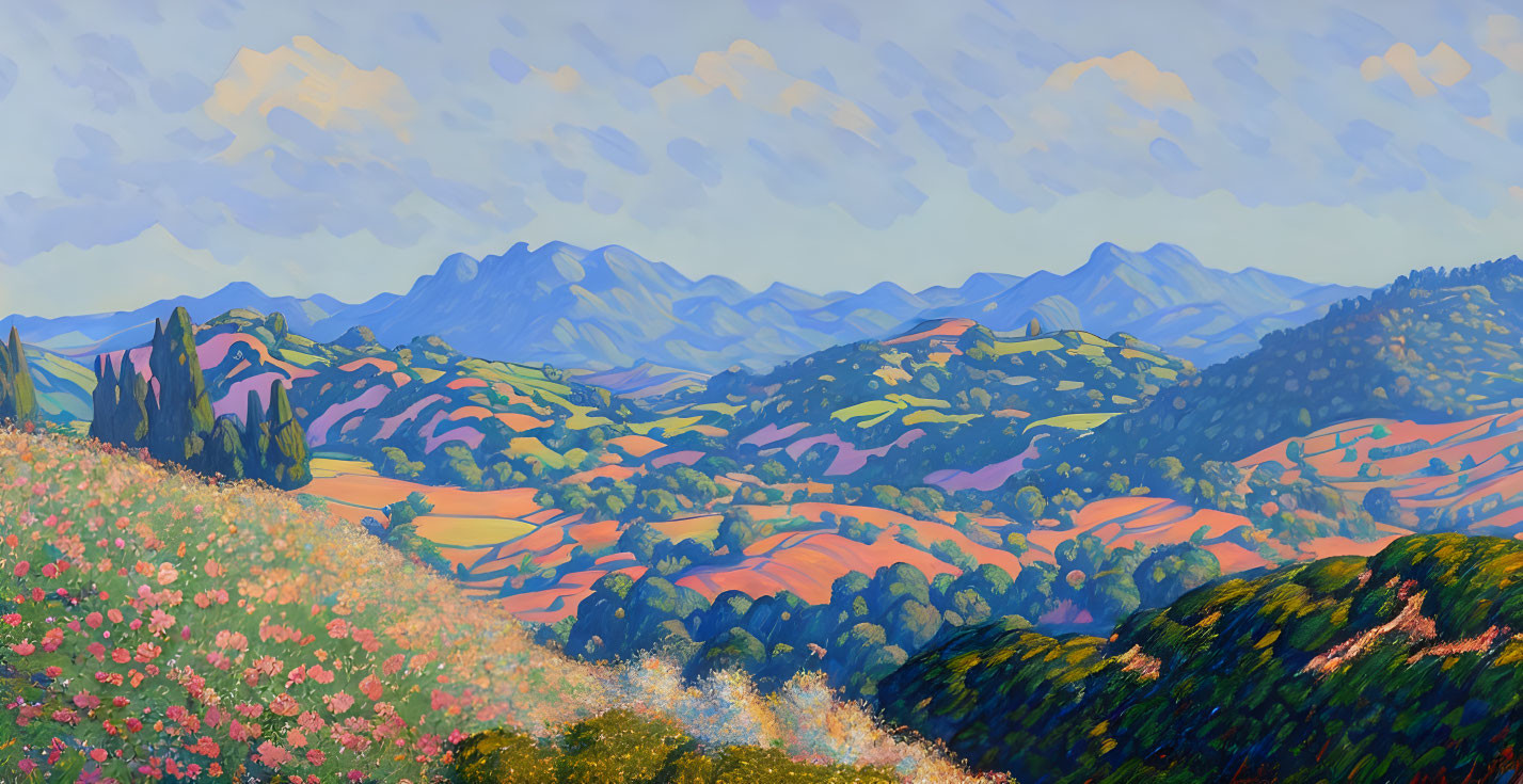 Vibrant landscape painting with mountains and soft clouds