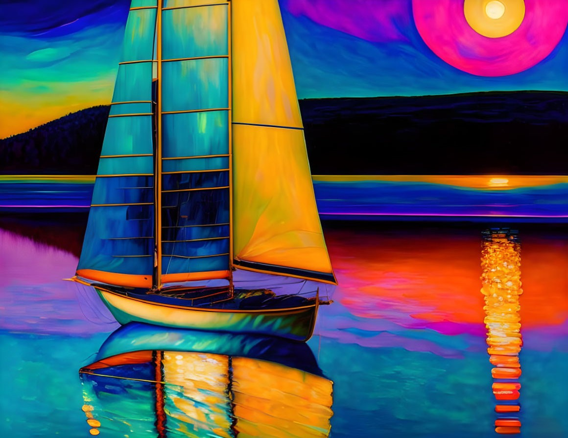 Colorful Sailboat Painting with Sunset Reflection