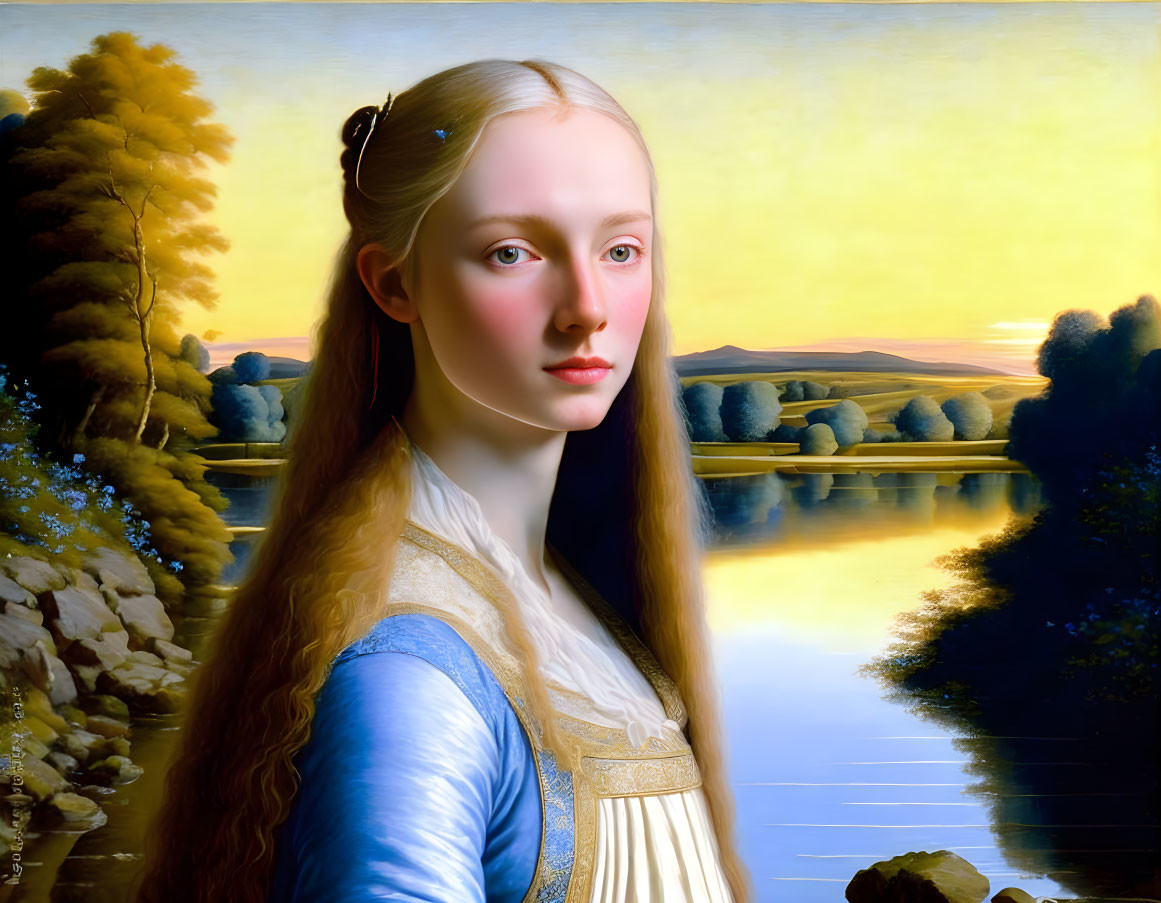 Blond young woman in blue dress by serene lake at sunset