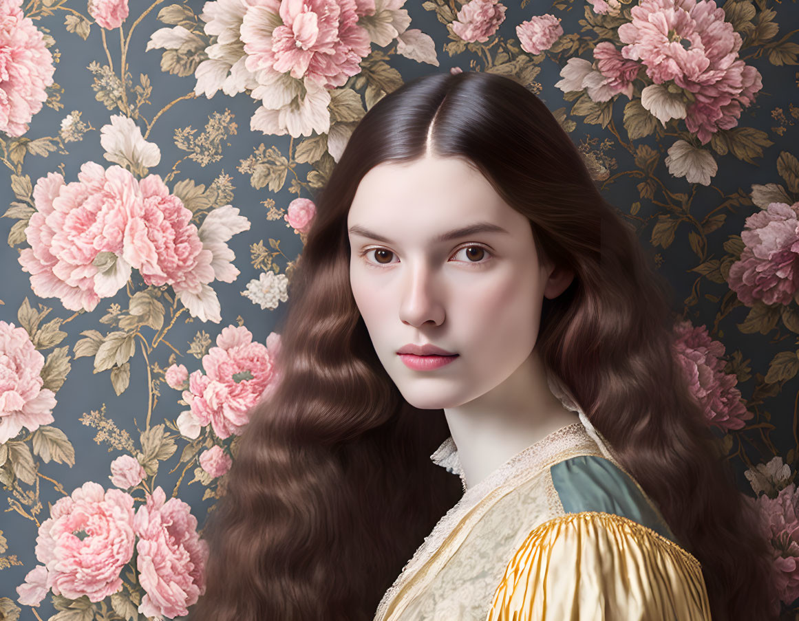 Portrait of woman with long brown hair, fair skin, and dark eyes in period dress against floral wallpaper