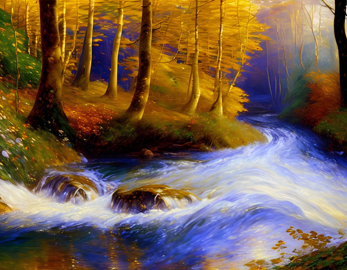 Autumnal forest with golden leaves and rushing blue stream