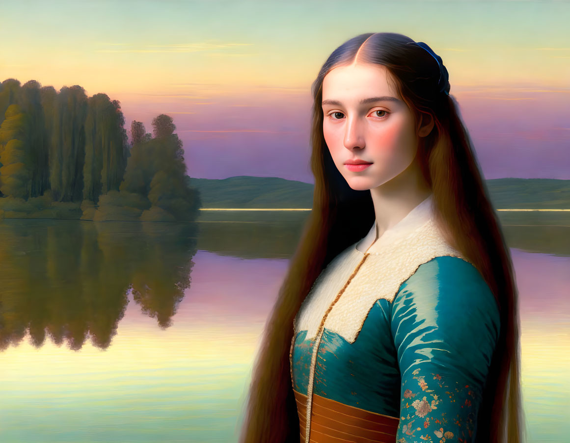 Young woman in blue & gold renaissance dress by tranquil lake at sunset