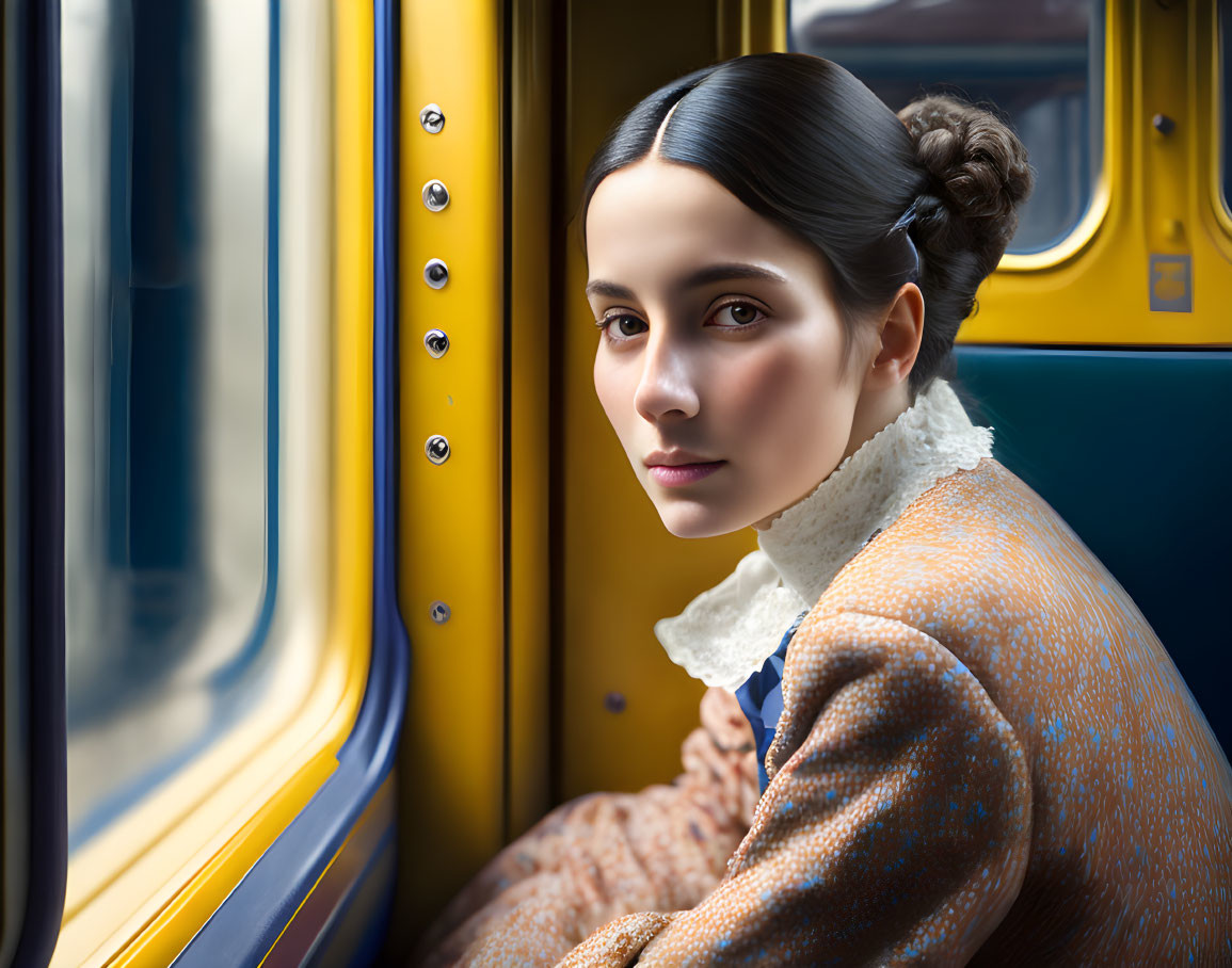 Woman with Bun Hairstyle in Vintage Outfit Gazing out Train Window