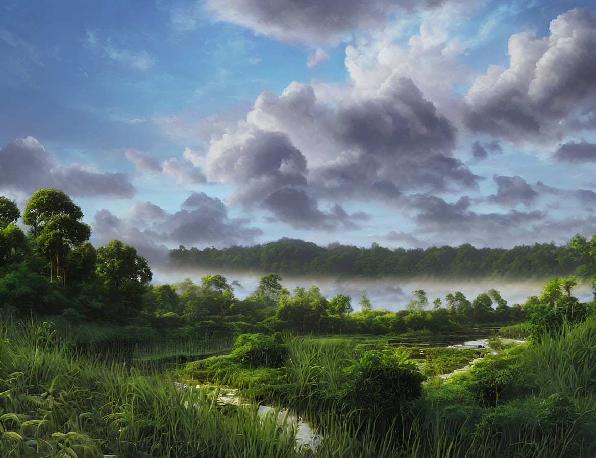 Serene landscape with mist-covered lake and lush forest