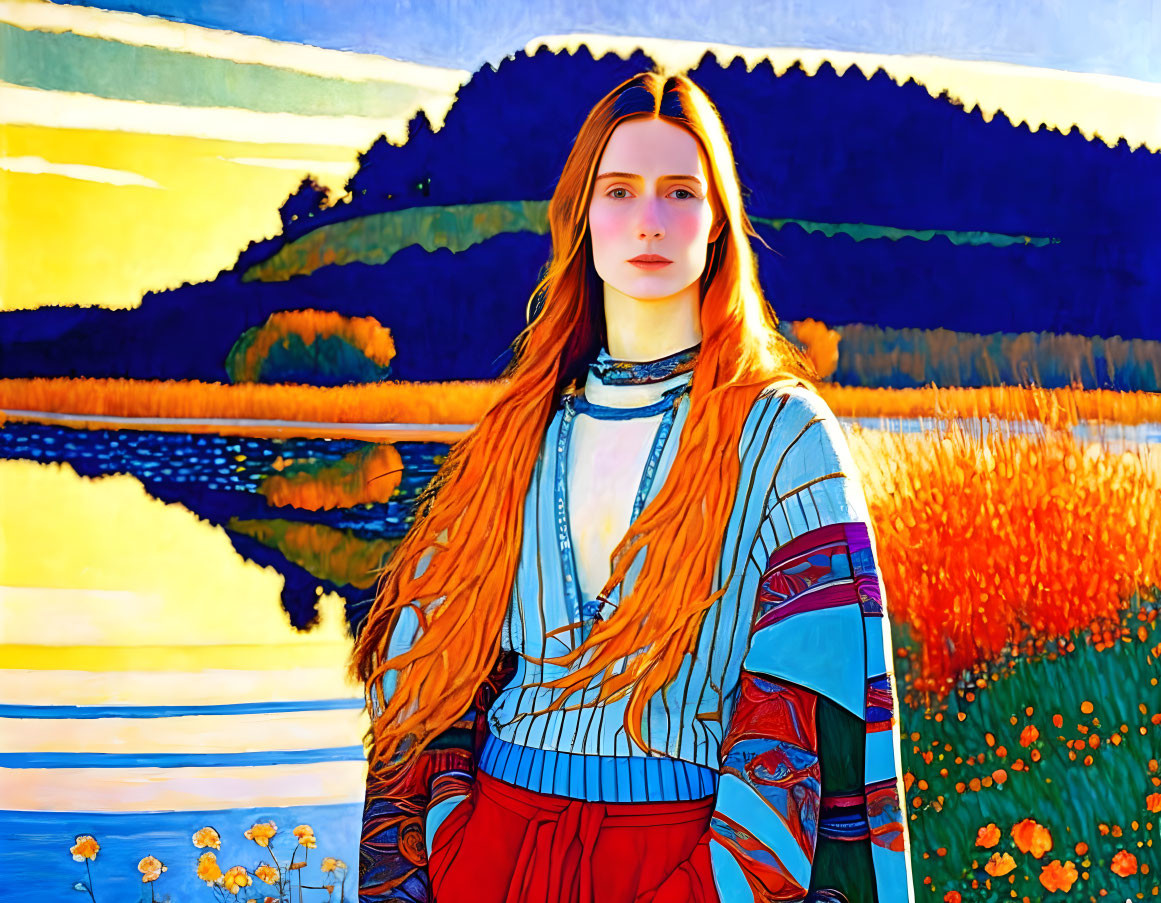 Long red-haired woman in traditional Slavic attire by vibrant river