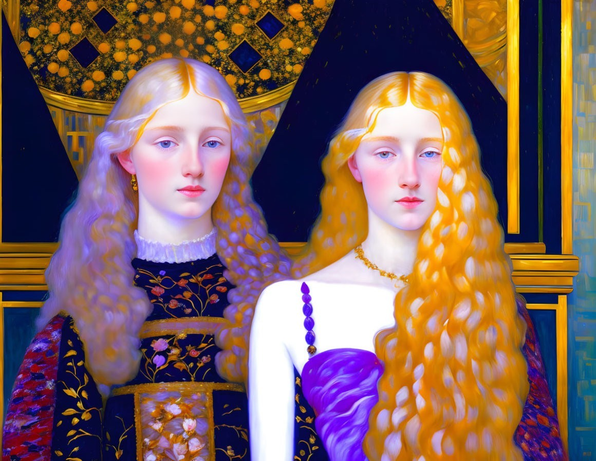 Two pale-skinned women with long hair in colorful, ornate style on dark background.