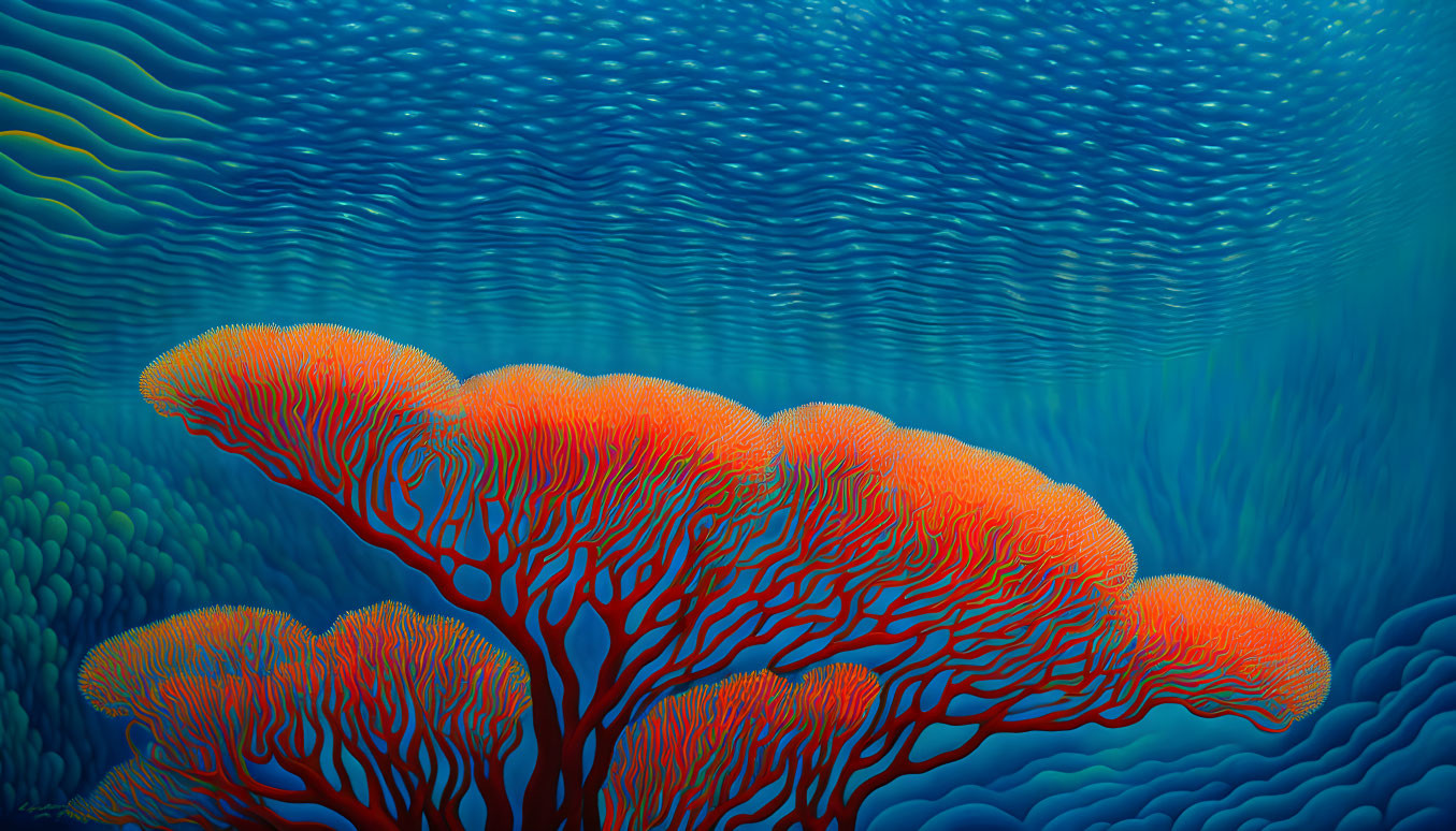 Vibrant Orange Sea Fan Corals with Blue Rippled Water Effect