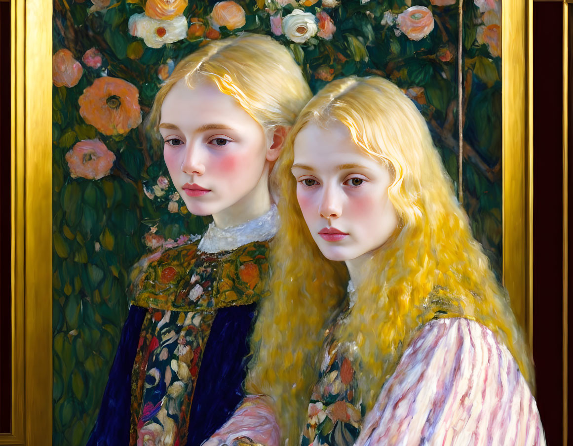 Two pale-skinned blonde girls in front of lush green foliage and white flowers