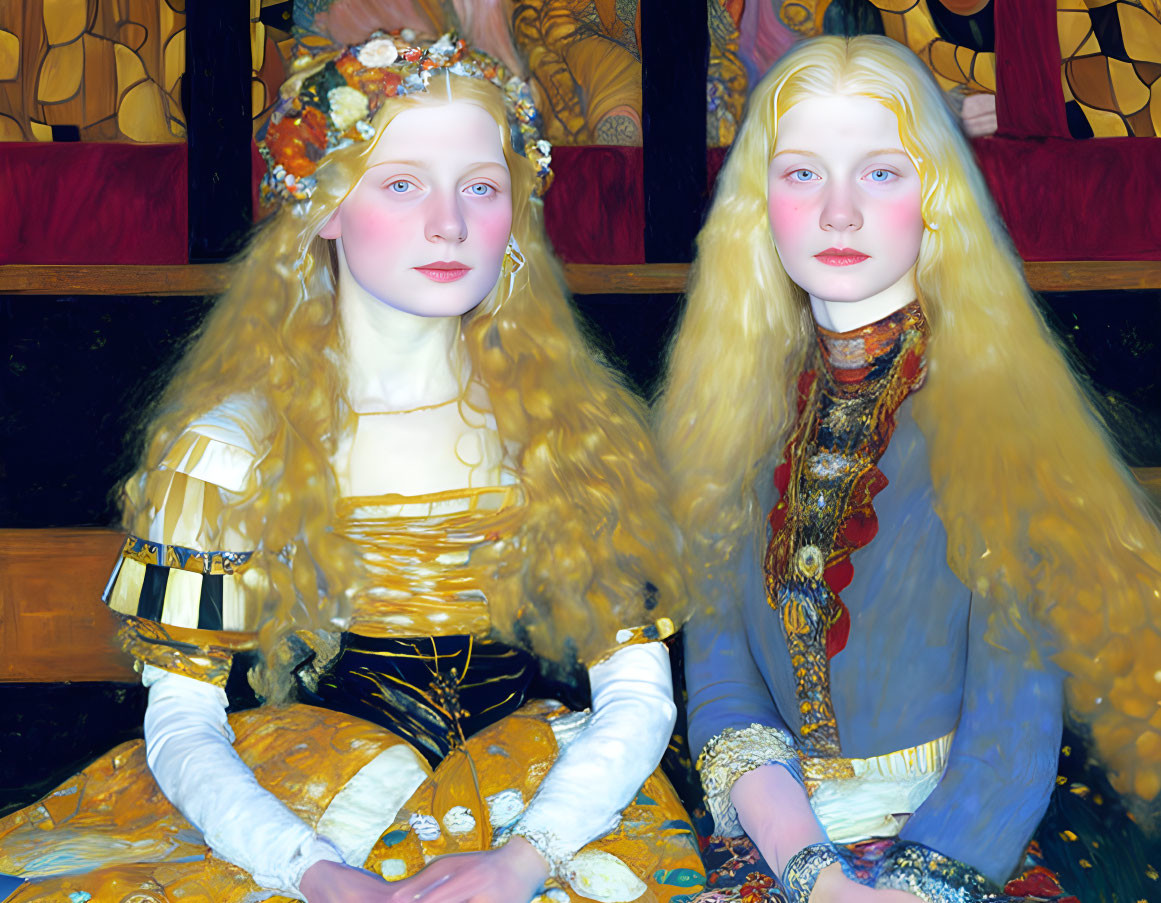 Pale-skinned individuals with long yellow hair in ornate costumes against colorful backdrop