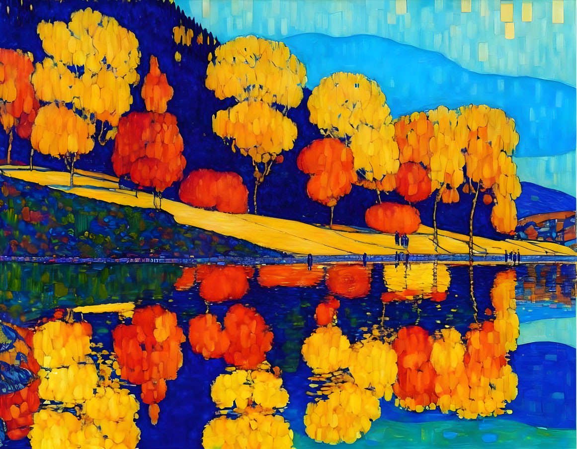 Colorful Cubist Painting of Autumn Trees Reflecting in Blue Water